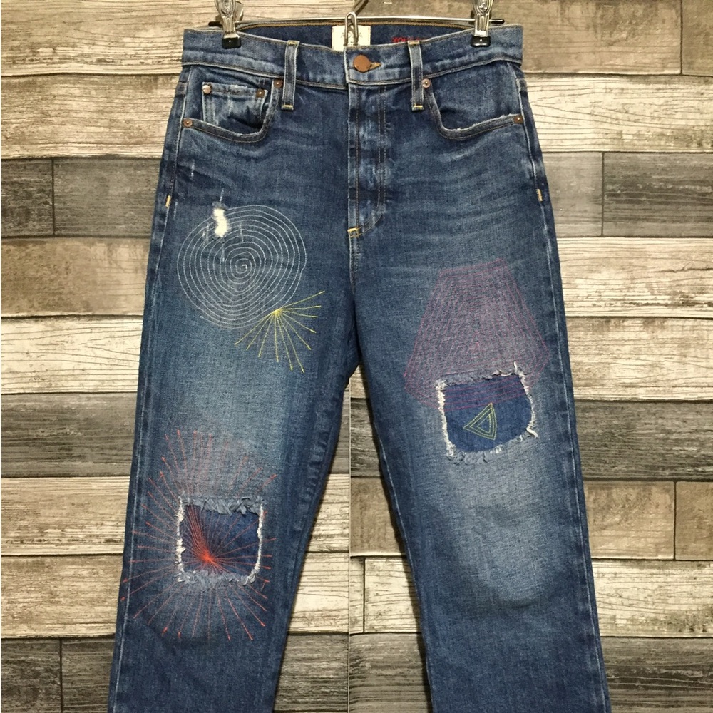 Alice + Olivia Blue High Rise Jeans with Colorful Embroidery - Picture 5 of 11